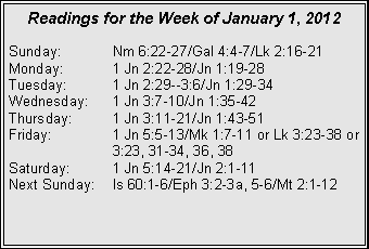 Text Box: Readings for the Week of January 1, 2012Sunday:	Nm 6:22-27/Gal 4:4-7/Lk 2:16-21Monday:	1 Jn 2:22-28/Jn 1:19-28Tuesday:	1 Jn 2:29--3:6/Jn 1:29-34Wednesday:	1 Jn 3:7-10/Jn 1:35-42Thursday:	1 Jn 3:11-21/Jn 1:43-51Friday:		1 Jn 5:5-13/Mk 1:7-11 or Lk 3:23-38 or 		3:23, 31-34, 36, 38Saturday:	1 Jn 5:14-21/Jn 2:1-11Next Sunday:	Is 60:1-6/Eph 3:2-3a, 5-6/Mt 2:1-12