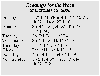 Text Box: Readings for the Week of October 12, 2008Sunday:	Is 25:6-10a/Phil 4:12-14, 19-20/		Mt 22:1-14 or 22:1-10
Monday:	Gal 4:22-24, 26-27, 31-5:1/		Lk 11:29-32
Tuesday:	Gal 5:1-6/Lk 11:37-41
Wednesday:	Gal 5:18-25/Lk 11:42-46
Thursday:	Eph 1:1-10/Lk 11:47-54
Friday:		Eph 1:11-14/Lk 12:1-7
Saturday:	2 Tm 4:10-17b/Lk 10:1-9
Next Sunday:	Is 45:1, 4-6/1 Thes 1:1-5b/		Mt 22:15-21
