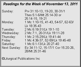 Text Box: Readings for the Week of November 13, 2011Sunday:	Prv 31:10-13, 19-20, 30-31/1 		Thes 5:1-6/Mt 25:14-30 or 		25:14-15, 19-21Monday:	1 Mc 1:10-15, 41-43, 54-57, 62-63/		Lk 18:35-43Tuesday:	2 Mc 6:18-31/Lk 19:1-10Wednesday:	2 Mc 7:1, 20-31/Lk 19:11-28Thursday:	1 Mc 2:15-29/Lk 19:41-44Friday:		1 Mc 4:36-37, 52-59/Lk 19:45-48Saturday:	1 Mc 6:1-13/Lk 20:27-40Next Sunday:	Ez 34:11-12, 15-17/1 Cor 15:20-26, 		28/Mt 25:31-46©Liturgical Publications Inc