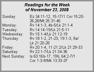Text Box: Readings for the Week of November 23, 2008Sunday:	Ez 34:11-12, 15-17/1 Cor 15:20-			26,28/Mt 25:31-46
Monday:	Rv 14:1-3, 4b-5/Lk 21:1-4
Tuesday:	Rv 14:14-19/Lk 21:5-11
Wednesday:	Rv 15:1-4/Lk 21:12-19
Thursday:	Rv 18:1-2, 21-23; 19:1-3, 9a/		Lk 21:20-28
Friday:		Rv 20:1-4, 11-21:2/Lk 21:29-33
Saturday:	Rv 22:1-7/Lk 21:34-36
Next Sunday:	Is 63:16b-17, 19b; 64:2-7/1 		Cor 1:3-9/Mk 13:33-37