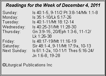 Text Box: Readings for the Week of December 4, 2011Sunday:	Is 40:1-5, 9-11/2 Pt 3:8-14/Mk 1:1-8Monday:	Is 35:1-10/Lk 5:17-26Tuesday:	Is 40:1-11/Mt 18:12-14Wednesday:	Is 40:25-31/Mt 11:28-30Thursday:	Gn 3:9-15, 20/Eph 1:3-6, 11-12/		Lk 1:26-38Friday:		Is 48:17-19/Mt 11:16-19Saturday:	Sir 48:1-4, 9-11/Mt 17:9a, 10-13Next Sunday:	Is 61:1-2a, 10-11/1 Thes 5:16-24/		Jn 1:6-8, 19-28©Liturgical Publications Inc