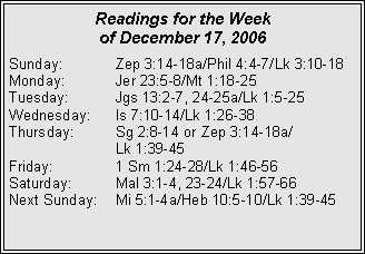 Text Box: Readings for the Week of December 17, 2006Sunday:	Zep 3:14-18a/Phil 4:4-7/Lk 3:10-18Monday:	Jer 23:5-8/Mt 1:18-25Tuesday:	Jgs 13:2-7, 24-25a/Lk 1:5-25Wednesday:	Is 7:10-14/Lk 1:26-38Thursday:	Sg 2:8-14 or Zep 3:14-18a/	Lk 1:39-45Friday:	1 Sm 1:24-28/Lk 1:46-56Saturday:	Mal 3:1-4, 23-24/Lk 1:57-66Next Sunday:	Mi 5:1-4a/Heb 10:5-10/Lk 1:39-45