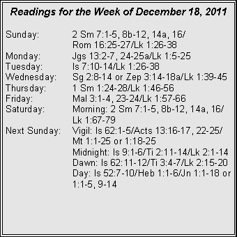 Text Box: Readings for the Week of December 18, 2011Sunday:	2 Sm 7:1-5, 8b-12, 14a, 16/		Rom 16:25-27/Lk 1:26-38Monday:	Jgs 13:2-7, 24-25a/Lk 1:5-25Tuesday:	Is 7:10-14/Lk 1:26-38Wednesday:	Sg 2:8-14 or Zep 3:14-18a/Lk 1:39-45Thursday:	1 Sm 1:24-28/Lk 1:46-56Friday:		Mal 3:1-4, 23-24/Lk 1:57-66Saturday:	Morning: 2 Sm 7:1-5, 8b-12, 14a, 16/		Lk 1:67-79Next Sunday:	Vigil: Is 62:1-5/Acts 13:16-17, 22-25/		Mt 1:1-25 or 1:18-25		Midnight: Is 9:1-6/Ti 2:11-14/Lk 2:1-14		Dawn: Is 62:11-12/Ti 3:4-7/Lk 2:15-20		Day: Is 52:7-10/Heb 1:1-6/Jn 1:1-18 or 		1:1-5, 9-14
