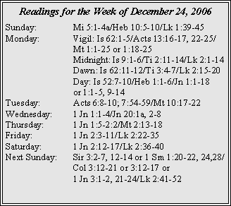 Text Box: Readings for the Week of December 24, 2006Sunday:	Mi 5:1-4a/Heb 10:5-10/Lk 1:39-45Monday:	Vigil: Is 62:1-5/Acts 13:16-17, 22-25/	Mt 1:1-25 or 1:18-25	Midnight: Is 9:1-6/Ti 2:11-14/Lk 2:1-14	Dawn: Is 62:11-12/Ti 3:4-7/Lk 2:15-20	Day: Is 52:7-10/Heb 1:1-6/Jn 1:1-18 	or 1:1-5, 9-14Tuesday:	Acts 6:8-10; 7:54-59/Mt 10:17-22Wednesday:	1 Jn 1:1-4/Jn 20:1a, 2-8Thursday:	1 Jn 1:5-2:2/Mt 2:13-18Friday:	1 Jn 2:3-11/Lk 2:22-35Saturday:	1 Jn 2:12-17/Lk 2:36-40Next Sunday:	Sir 3:2-7, 12-14 or 1 Sm 1:20-22, 24,28/	Col 3:12-21 or 3:12-17 or 	1 Jn 3:1-2, 21-24/Lk 2:41-52