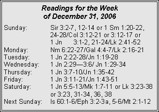 Text Box: Readings for the Week of December 31, 2006Sunday:	Sir 3:2-7, 12-14 or 1 Sm 1:20-22, 	24-28/Col 3:12-21 or 3:12-17 or 	1 Jn 	3:1-2, 21-24/Lk 2:41-52Monday:	Nm 6:22-27/Gal 4:4-7/Lk 2:16-21Tuesday:	1 Jn 2:22-28/Jn 1:19-28Wednesday:	1 Jn 2:29—3:6/ Jn 1:29-34Thursday:	1 Jn 3:7-10/Jn 1:35-42Friday:	1 Jn 3:11-21/Jn 1:43-51Saturday:	1 Jn 5:5-13/Mk 1:7-11 or Lk 3:23-38 	or 3:23, 31-34, 36, 38Next Sunday:	Is 60:1-6/Eph 3:2-3a, 5-6/Mt 2:1-12