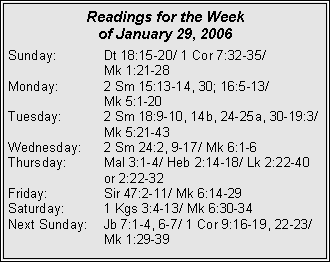 Text Box: Readings for the Week of January 29, 2006Sunday:	Dt 18:15-20/ 1 Cor 7:32-35/ 		Mk 1:21-28Monday:	2 Sm 15:13-14, 30; 16:5-13/ 		Mk 5:1-20Tuesday:	2 Sm 18:9-10, 14b, 24-25a, 30-19:3/ 		Mk 5:21-43Wednesday:	2 Sm 24:2, 9-17/ Mk 6:1-6Thursday:	Mal 3:1-4/ Heb 2:14-18/ Lk 2:22-40 		or 2:22-32Friday:		Sir 47:2-11/ Mk 6:14-29Saturday:	1 Kgs 3:4-13/ Mk 6:30-34Next Sunday:	Jb 7:1-4, 6-7/ 1 Cor 9:16-19, 22-23/ 		Mk 1:29-39