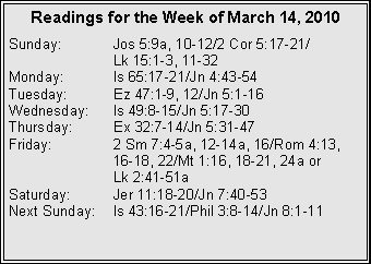 Text Box: Readings for the Week of March 14, 2010Sunday:	Jos 5:9a, 10-12/2 Cor 5:17-21/		Lk 15:1-3, 11-32
Monday:	Is 65:17-21/Jn 4:43-54
Tuesday:	Ez 47:1-9, 12/Jn 5:1-16
Wednesday:	Is 49:8-15/Jn 5:17-30
Thursday:	Ex 32:7-14/Jn 5:31-47
Friday:		2 Sm 7:4-5a, 12-14a, 16/Rom 4:13, 		16-18, 22/Mt 1:16, 18-21, 24a or 		Lk 2:41-51a
Saturday:	Jer 11:18-20/Jn 7:40-53
Next Sunday:	Is 43:16-21/Phil 3:8-14/Jn 8:1-11

