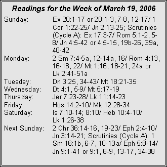 Text Box: Readings for the Week of March 19, 2006Sunday:	Ex 20:1-17 or 20:1-3, 7-8, 12-17/ 1 		Cor 1:22-25/ Jn 2:13-25; Scrutinies 		(Cycle A): Ex 17:3-7/ Rom 5:1-2, 5-		8/ Jn 4:5-42 or 4:5-15, 19b-26, 39a, 		40-42Monday:	2 Sm 7:4-5a, 12-14a, 16/ Rom 4:13, 		16-18, 22/ Mt 1:16, 18-21, 24a or 		Lk 2:41-51aTuesday:	Dn 3:25, 34-43/ Mt 18:21-35Wednesday:	Dt 4:1, 5-9/ Mt 5:17-19Thursday:	Jer 7:23-28/ Lk 11:14-23Friday:		Hos 14:2-10/ Mk 12:28-34Saturday:	Is 7:10-14; 8:10/ Heb 10:4-10/ 		Lk 1:26-38Next Sunday:	2 Chr 36:14-16, 19-23/ Eph 2:4-10/ 		Jn 3:14-21; Scrutinies (Cycle A): 1 		Sm 16:1b, 6-7, 10-13a/ Eph 5:8-14/ 		Jn 9:1-41 or 9:1, 6-9, 13-17, 34-38
