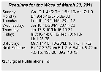 Text Box: Readings for the Week of March 20, 2011Sunday:	Gn 12:1-4a/2 Tm 1:8b-10/Mt 17:1-9Monday:	Dn 9:4b-10/Lk 6:36-38Tuesday:	Is 1:10, 16-20/Mt 23:1-12Wednesday:	Jer 18:18-20/Mt 20:17-28Thursday:	Jer 17:5-10/Lk 16:19-31Friday:		Is 7:10-14; 8:10/Heb 10:4-10/		Lk 1:26-38Saturday:	Mi 7:14-15, 18-20/Lk 15:1-3, 11-32Next Sunday:	Ex 17:3-7/Rom 5:1-2, 5-8/Jn 4:5-42 or 		4:5-15, 19b-26, 39a, 40-42©Liturgical Publications Inc