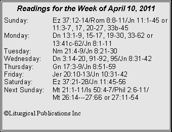 Text Box: Readings for the Week of April 10, 2011Sunday:	Ez 37:12-14/Rom 8:8-11/Jn 11:1-45 or 		11:3-7, 17, 20-27, 33b-45Monday:	Dn 13:1-9, 15-17, 19-30, 33-62 or 		13:41c-62/Jn 8:1-11Tuesday:	Nm 21:4-9/Jn 8:21-30Wednesday:	Dn 3:14-20, 91-92, 95/Jn 8:31-42Thursday:	Gn 17:3-9/Jn 8:51-59Friday:		Jer 20:10-13/Jn 10:31-42Saturday:	Ez 37:21-28/Jn 11:45-56Next Sunday:	Mt 21:1-11/Is 50:4-7/Phil 2:6-11/		Mt 26:14---27:66 or 27:11-54©Liturgical Publications Inc