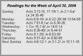 Text Box: Readings for the Week of April 30, 2006Sunday:	Acts 3:13-15, 17-19/ 1 Jn 2:1-5a/ 		Lk 24:35-48Monday:	Acts 6:8-15/ Jn 6:22-29/ Mt 13:54-58Tuesday:	Acts 7:51-8:1a/ Jn 6:30-35Wednesday:	1 Cor 15:1-8/ Jn 14:6-14Thursday:	Acts 8:26-40/ Jn 6:44-51Friday:		Acts 9:1-20/ Jn 6:52-59Saturday:	Acts 9:31-42/ Jn 6:60-69Next Sunday:	Acts 4:8-12/ 1 Jn 3:1-2/ Jn 10:11-18