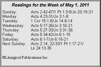 Text Box: Readings for the Week of May 1, 2011Sunday:	Acts 2:42-47/1 Pt 1:3-9/Jn 20:19-31Monday:	Acts 4:23-31/Jn 3:1-8Tuesday:	1 Cor 15:1-8/Jn 14:6-14Wednesday:	Acts 5:17-26/Jn 3:16-21Thursday:	Acts 5:27-33/Jn 3:31-36Friday:		Acts 5:34-42/Jn 6:1-15Saturday:	Acts 6:1-7/Jn 6:16-21Next Sunday:	Acts 2:14, 22-33/1 Pt 1:17-21/		Lk 24:13-35©Liturgical Publications Inc