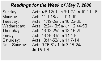 Text Box: Readings for the Week of May 7, 2006Sunday:	Acts 4:8-12/ 1 Jn 3:1-2/ Jn 10:11-18Monday:	Acts 11:1-18/ Jn 10:1-10Tuesday:	Acts 11:19-26/ Jn 10:22-30Wednesday:	Acts 12:24-13:5a/ Jn 12:44-50Thursday:	Acts 13:13-25/ Jn 13:16-20Friday:		Acts 13:26-33/ Jn 14:1-6Saturday:	Acts 13:44-52/ Jn 14:7-14Next Sunday:	Acts 9:26-31/ 1 Jn 3:18-24/ 		Jn 15:1-8