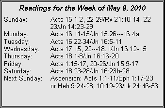 Text Box: Readings for the Week of May 9, 2010Sunday:	Acts 15:1-2, 22-29/Rv 21:10-14, 22-		23/Jn 14:23-29
Monday:	Acts 16:11-15/Jn 15:26---16:4a
Tuesday:	Acts 16:22-34/Jn 16:5-11
Wednesday:	Acts 17:15, 22---18:1/Jn 16:12-15
Thursday:	Acts 18:1-8/Jn 16:16-20
Friday:		Acts 1:15-17, 20-26/Jn 15:9-17
Saturday:	Acts 18:23-28/Jn 16:23b-28
Next Sunday:	Ascension: Acts 1:1-11/Eph 1:17-23 		or Heb 9:24-28; 10:19-23/Lk 24:46-53
