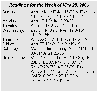 Text Box: Readings for the Week of May 28, 2006Sunday:	Acts 1:1-11/ Eph 1:17-23 or Eph 4:1-		13 or 4:1-7,11-13/ Mk 16:15-20Monday:	Acts 19:1-8/ Jn 16:29-33Tuesday:	Acts 20:17-27/ Jn 17:1-11aWednesday:	Zep 3:14-18a or Rom 12:9-16/ 		Lk 1:39-56Thursday:	Acts 22:30; 23:6-11/ Jn 17:20-26Friday:		Acts 25:13b-21/ Jn 21:15-19Saturday:	Mass in the morning: Acts 28:16-20, 		30-31/ Jn 21:20-25Next Sunday:	Vigil: Gn 11:1-9 or Ex 19:3-8a, 16-		20b or Ez 37:1-14 or Jl 3:1-5/ 		Rom 8:22-27/ Jn 7:37-39; Day: 		Acts 2:1-11/ 1 Cor 12:3b-7, 12-13 or 		Gal 5:16-25/ Jn 20:19-23 or 		Jn 15:26-27; 16:12-15