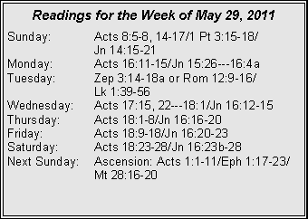 Text Box: Readings for the Week of May 29, 2011Sunday:	Acts 8:5-8, 14-17/1 Pt 3:15-18/		Jn 14:15-21Monday:	Acts 16:11-15/Jn 15:26---16:4aTuesday:	Zep 3:14-18a or Rom 12:9-16/		Lk 1:39-56Wednesday:	Acts 17:15, 22---18:1/Jn 16:12-15Thursday:	Acts 18:1-8/Jn 16:16-20Friday:		Acts 18:9-18/Jn 16:20-23Saturday:	Acts 18:23-28/Jn 16:23b-28Next Sunday:	Ascension: Acts 1:1-11/Eph 1:17-23/		Mt 28:16-20
