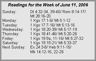 Text Box: Readings for the Week of June 11, 2006Sunday:	Dt 4:32-34, 39-40/ Rom 8:14-17/ 		Mt 28:16-20Monday:	1 Kgs 17:1-6/ Mt 5:1-12Tuesday:	1 Kgs 17:7-16/ Mt 5:13-16Wednesday:	1 Kgs 18:20-39/ Mt 5:17-19Thursday:	1 Kgs 18:41-46/ Mt 5:20-26Friday:		1 Kgs 19:9a, 11-16/ Mt 5:27-32Saturday:	1 Kgs 19:19-21/ Mt 5:33-37Next Sunday:	Ex 24:3-8/ Heb 9:11-15/ 		Mk 14:12-16, 22-26