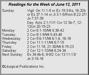 Text Box: Readings for the Week of June 12, 2011Sunday:	Vigil: Gn 11:1-9 or Ex 19:3-8a, 16-20b 		or Ez 37:1-14 or Jl 3:1-5/Rom 8:22-27/		Jn 7:37-39		Day: Acts 2:1-11/1 Cor 12:3b-7, 12-		13/Jn 20:19-23Monday:	2 Cor 6:1-10/Mt 5:38-42Tuesday:	2 Cor 8:1-9/Mt 5:43-48Wednesday:	2 Cor 9:6-11/Mt 6:1-6, 16-18Thursday:	2 Cor 11:1-11/Mt 6:7-15Friday:		2 Cor 11:18, 21-30/Mt 6:19-23Saturday:	2 Cor 12:1-10/Mt 6:24-34Next Sunday:	Ex 34:4b-6, 8-9/2 Cor 13:11-13/		Jn 3:16-18©Liturgical Publications Inc