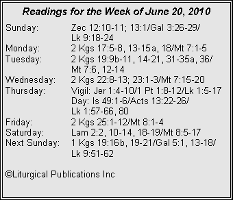 Text Box: Readings for the Week of June 20, 2010
Sunday:	Zec 12:10-11; 13:1/Gal 3:26-29/		Lk 9:18-24
Monday:	2 Kgs 17:5-8, 13-15a, 18/Mt 7:1-5
Tuesday:	2 Kgs 19:9b-11, 14-21, 31-35a, 36/		Mt 7:6, 12-14
Wednesday:	2 Kgs 22:8-13; 23:1-3/Mt 7:15-20
Thursday:	Vigil: Jer 1:4-10/1 Pt 1:8-12/Lk 1:5-17
		Day: Is 49:1-6/Acts 13:22-26/		Lk 1:57-66, 80
Friday:		2 Kgs 25:1-12/Mt 8:1-4
Saturday:	Lam 2:2, 10-14, 18-19/Mt 8:5-17
Next Sunday:	1 Kgs 19:16b, 19-21/Gal 5:1, 13-18/		Lk 9:51-62

©Liturgical Publications Inc
