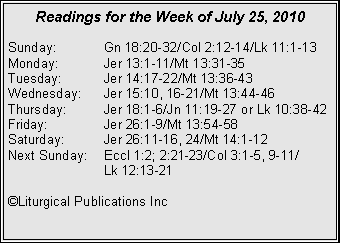 Text Box: Readings for the Week of July 25, 2010Sunday:	Gn 18:20-32/Col 2:12-14/Lk 11:1-13
Monday:	Jer 13:1-11/Mt 13:31-35
Tuesday:	Jer 14:17-22/Mt 13:36-43
Wednesday:	Jer 15:10, 16-21/Mt 13:44-46
Thursday:	Jer 18:1-6/Jn 11:19-27 or Lk 10:38-42
Friday:		Jer 26:1-9/Mt 13:54-58
Saturday:	Jer 26:11-16, 24/Mt 14:1-12
Next Sunday:	Eccl 1:2; 2:21-23/Col 3:1-5, 9-11/		Lk 12:13-21

©Liturgical Publications Inc

