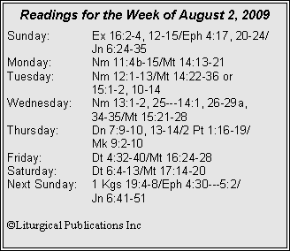 Text Box: Readings for the Week of August 2, 2009Sunday:	Ex 16:2-4, 12-15/Eph 4:17, 20-24/		Jn 6:24-35
Monday:	Nm 11:4b-15/Mt 14:13-21
Tuesday:	Nm 12:1-13/Mt 14:22-36 or 		15:1-2, 10-14
Wednesday:	Nm 13:1-2, 25---14:1, 26-29a, 		34-35/Mt 15:21-28
Thursday:	Dn 7:9-10, 13-14/2 Pt 1:16-19/		Mk 9:2-10
Friday:		Dt 4:32-40/Mt 16:24-28
Saturday:	Dt 6:4-13/Mt 17:14-20
Next Sunday:	1 Kgs 19:4-8/Eph 4:30---5:2/		Jn 6:41-51

©Liturgical Publications Inc