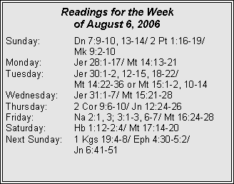Text Box: Readings for the Week of August 6, 2006Sunday:	Dn 7:9-10, 13-14/ 2 Pt 1:16-19/ 		Mk 9:2-10Monday:	Jer 28:1-17/ Mt 14:13-21Tuesday:	Jer 30:1-2, 12-15, 18-22/ 		Mt 14:22-36 or Mt 15:1-2, 10-14Wednesday:	Jer 31:1-7/ Mt 15:21-28Thursday:	2 Cor 9:6-10/ Jn 12:24-26Friday:		Na 2:1, 3; 3:1-3, 6-7/ Mt 16:24-28Saturday:	Hb 1:12-2:4/ Mt 17:14-20Next Sunday:	1 Kgs 19:4-8/ Eph 4:30-5:2/ 		Jn 6:41-51