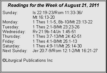 Text Box: Readings for the Week of August 21, 2011Sunday:	Is 22:19-23/Rom 11:33-36/		Mt 16:13-20Monday:	1 Thes 1:1-5, 8b-10/Mt 23:13-22Tuesday:	1 Thes 2:1-8/Mt 23:23-26Wednesday:	Rv 21:9b-14/Jn 1:45-51Thursday:	1 Thes 3:7-13/Mt 24:42-51Friday:		1 Thes 4:1-8/Mt 25:1-13Saturday:	1 Thes 4:9-11/Mt 25:14-30Next Sunday:	Jer 20:7-9/Rom 12:1-2/Mt 16:21-27©Liturgical Publications Inc