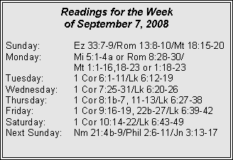 Text Box: Readings for the Week of September 7, 2008Sunday:	Ez 33:7-9/Rom 13:8-10/Mt 18:15-20
Monday:	Mi 5:1-4a or Rom 8:28-30/		Mt 1:1-16,18-23 or 1:18-23
Tuesday:	1 Cor 6:1-11/Lk 6:12-19
Wednesday:	1 Cor 7:25-31/Lk 6:20-26
Thursday:	1 Cor 8:1b-7, 11-13/Lk 6:27-38
Friday:		1 Cor 9:16-19, 22b-27/Lk 6:39-42
Saturday:	1 Cor 10:14-22/Lk 6:43-49
Next Sunday:	Nm 21:4b-9/Phil 2:6-11/Jn 3:13-17
