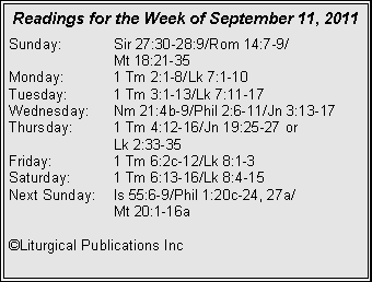 Text Box: Readings for the Week of September 11, 2011Sunday:	Sir 27:30-28:9/Rom 14:7-9/		Mt 18:21-35Monday:	1 Tm 2:1-8/Lk 7:1-10Tuesday:	1 Tm 3:1-13/Lk 7:11-17Wednesday:	Nm 21:4b-9/Phil 2:6-11/Jn 3:13-17Thursday:	1 Tm 4:12-16/Jn 19:25-27 or 		Lk 2:33-35Friday:		1 Tm 6:2c-12/Lk 8:1-3Saturday:	1 Tm 6:13-16/Lk 8:4-15Next Sunday:	Is 55:6-9/Phil 1:20c-24, 27a/		Mt 20:1-16a©Liturgical Publications Inc