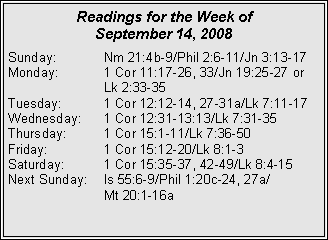 Text Box: Readings for the Week ofSeptember 14, 2008Sunday:	Nm 21:4b-9/Phil 2:6-11/Jn 3:13-17
Monday:	1 Cor 11:17-26, 33/Jn 19:25-27 or 		Lk 2:33-35
Tuesday:	1 Cor 12:12-14, 27-31a/Lk 7:11-17
Wednesday:	1 Cor 12:31-13:13/Lk 7:31-35
Thursday:	1 Cor 15:1-11/Lk 7:36-50
Friday:		1 Cor 15:12-20/Lk 8:1-3
Saturday:	1 Cor 15:35-37, 42-49/Lk 8:4-15
Next Sunday:	Is 55:6-9/Phil 1:20c-24, 27a/		Mt 20:1-16a